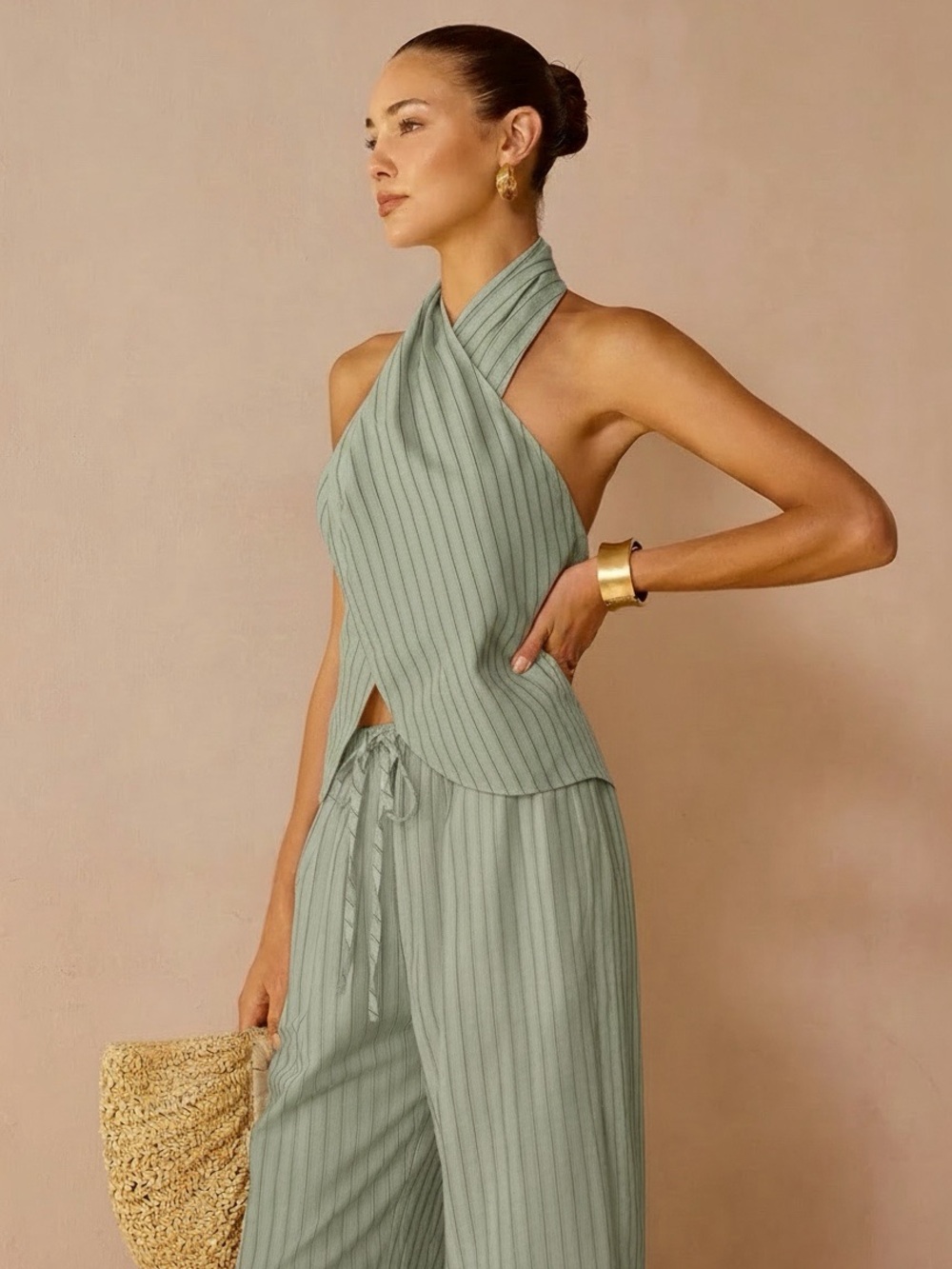 Commmense Striped Cotton Linen Halter Top & Pants - Picture 3 of 16